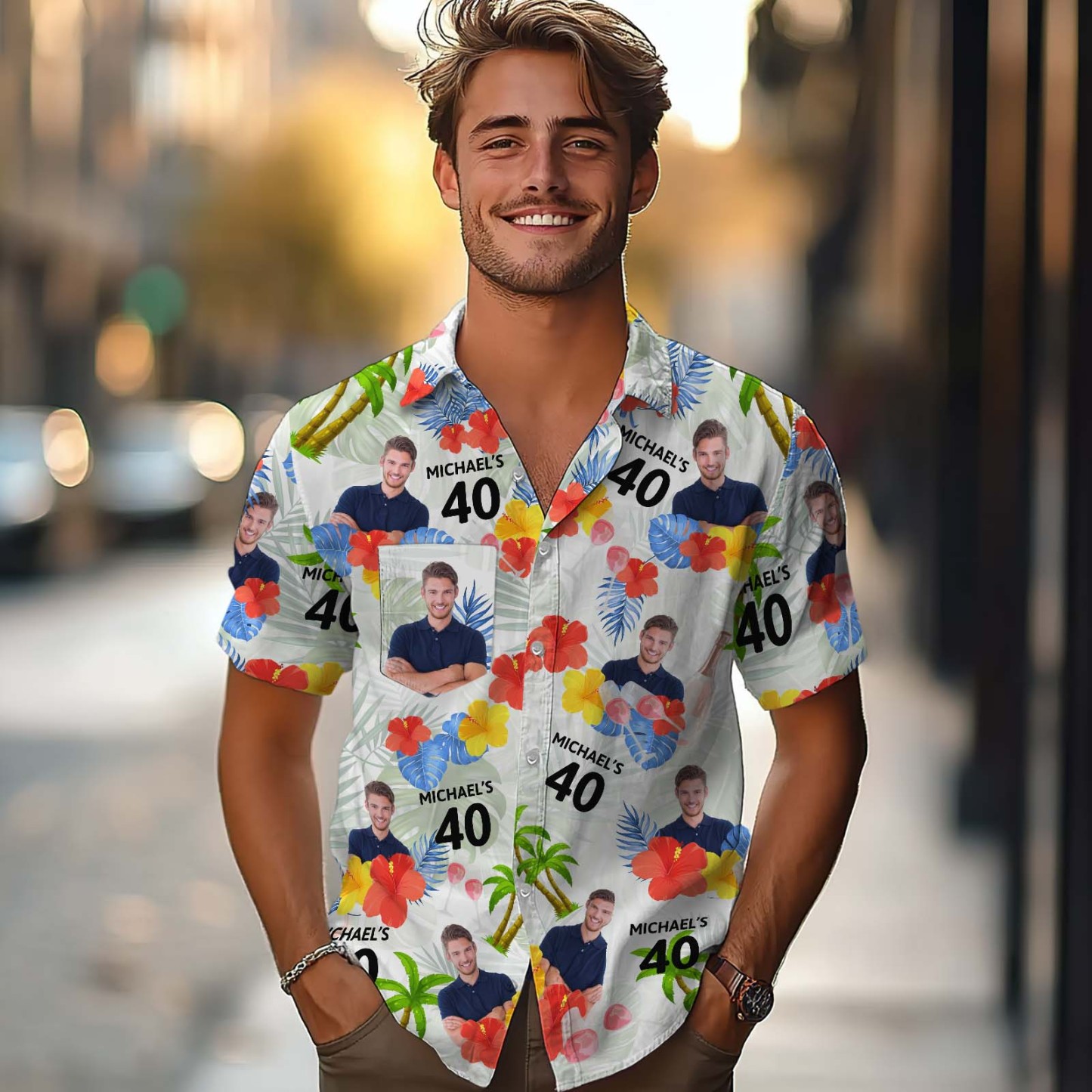 Chemise Hawaïenne Personnalisée Avec Visage, Cadeau Personnalisé Pour Les Amoureux, Chemise Aloha D'anniversaire D'été Tropical Avec Poche - MaPhotochaussetteFr