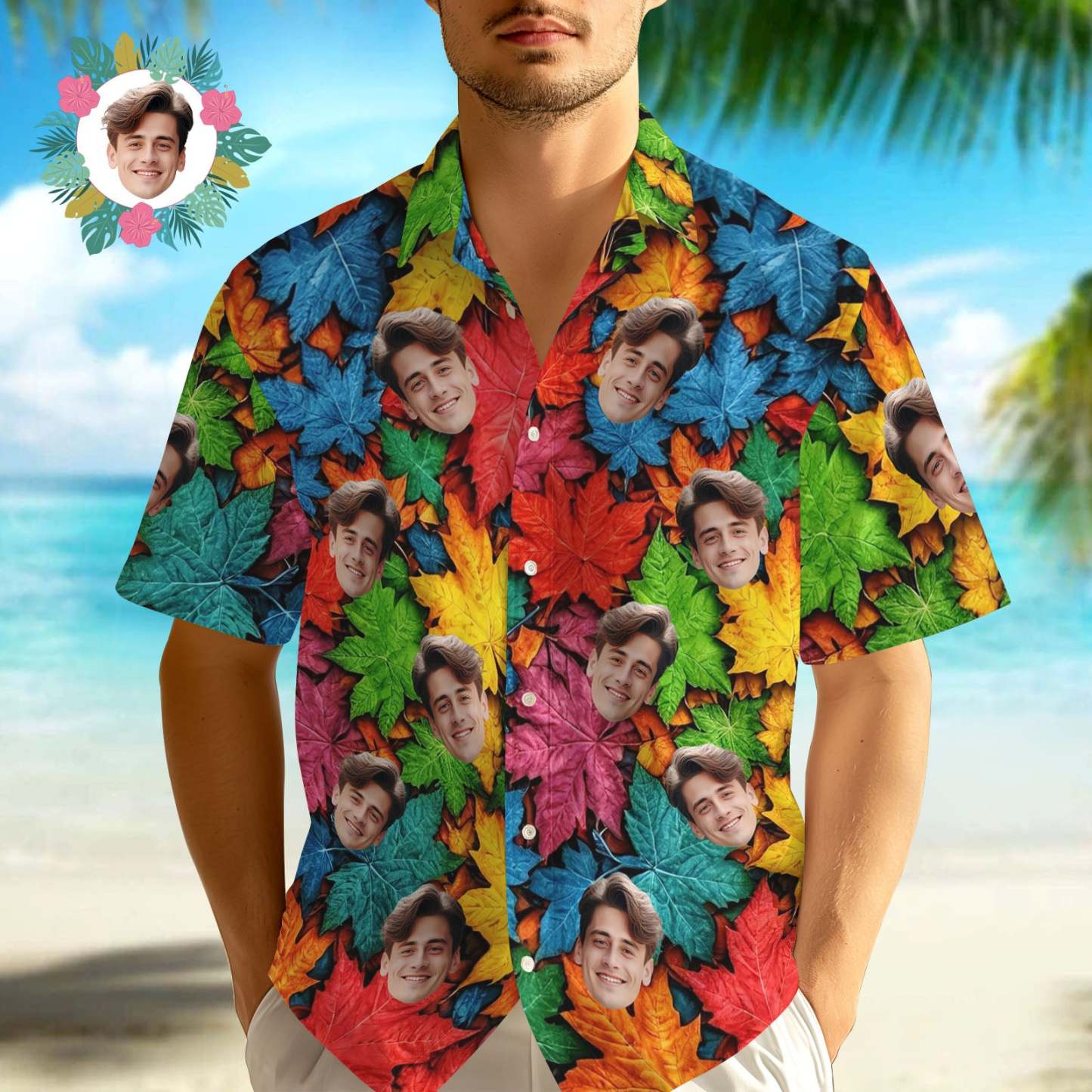 Chemise Hawaïenne Avec Photo Personnalisée, Visage Coloré, Imprimé Feuille D'érable, Chemise Hawaïenne - MaPhotochaussetteFr