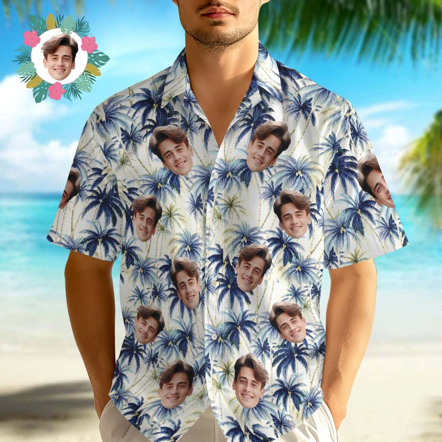 Chemise Hawaïenne À Visage Personnalisé Chemise Hawaïenne À Visage De Cocotier Bleu Foncé - MaPhotochaussetteFr