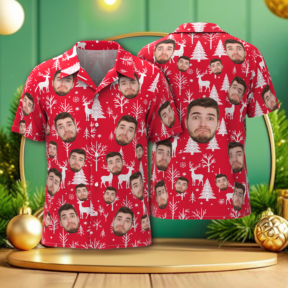 Chemises De Fête De Noël Visage Personnalisé Chemise Hawaïenne Pour Hommes Photo Personnalisée Noël Famille Noël Aloha Chemises Bleu - MaPhotochaussetteFr