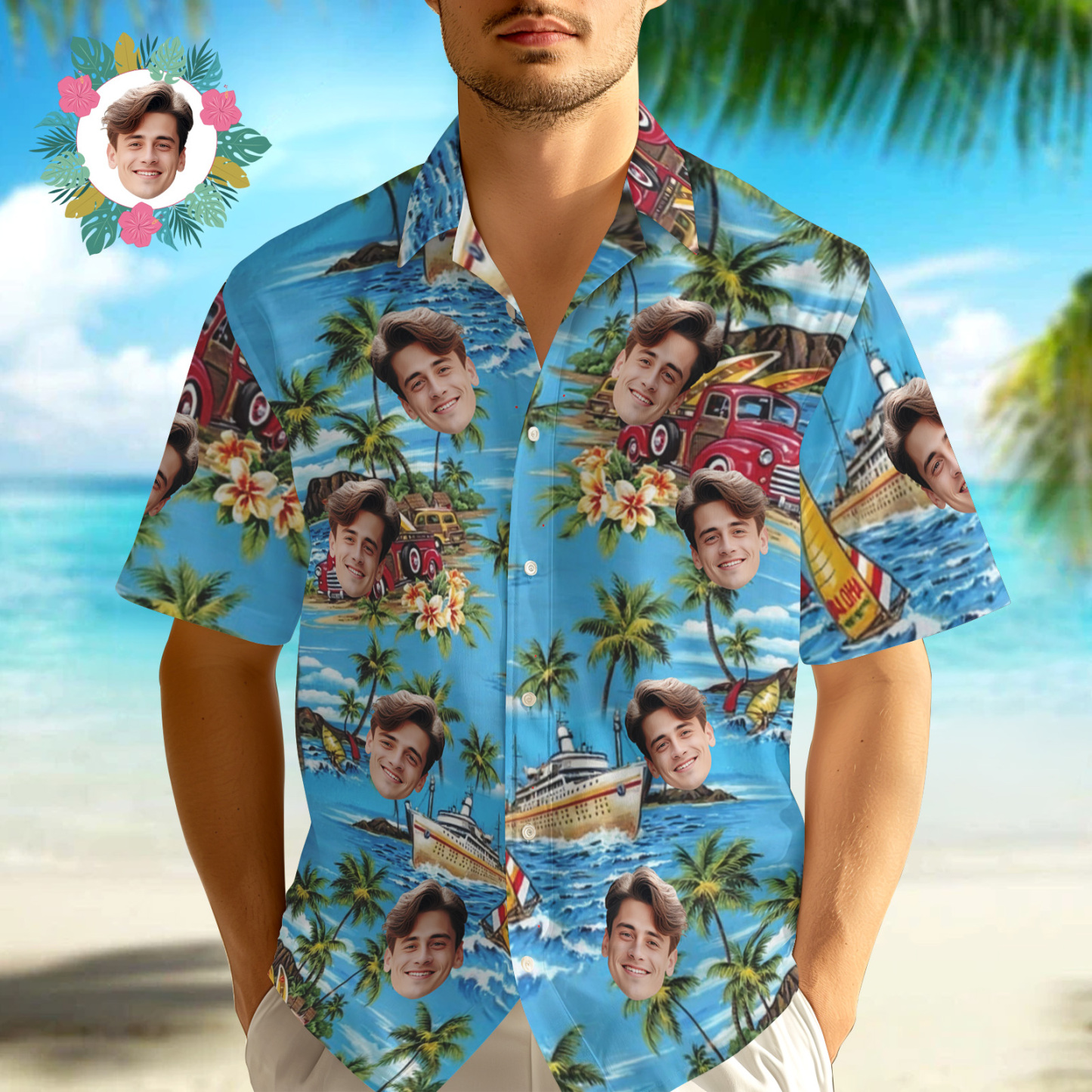 Chemises Hawaïennes Personnalisées Pour Hommes, Élément Vintage, Visage, Chemise Hawaïenne Pour Hommes, Cadeau De Chemise Aloha - MaPhotochaussetteFr