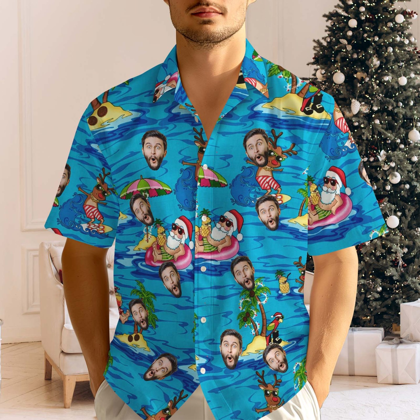Chemise Hawaïenne Personnalisée Pour Hommes Chemise Hawaïenne De Noël Personnalisée Santa Beach Holiday - MaPhotochaussetteFr