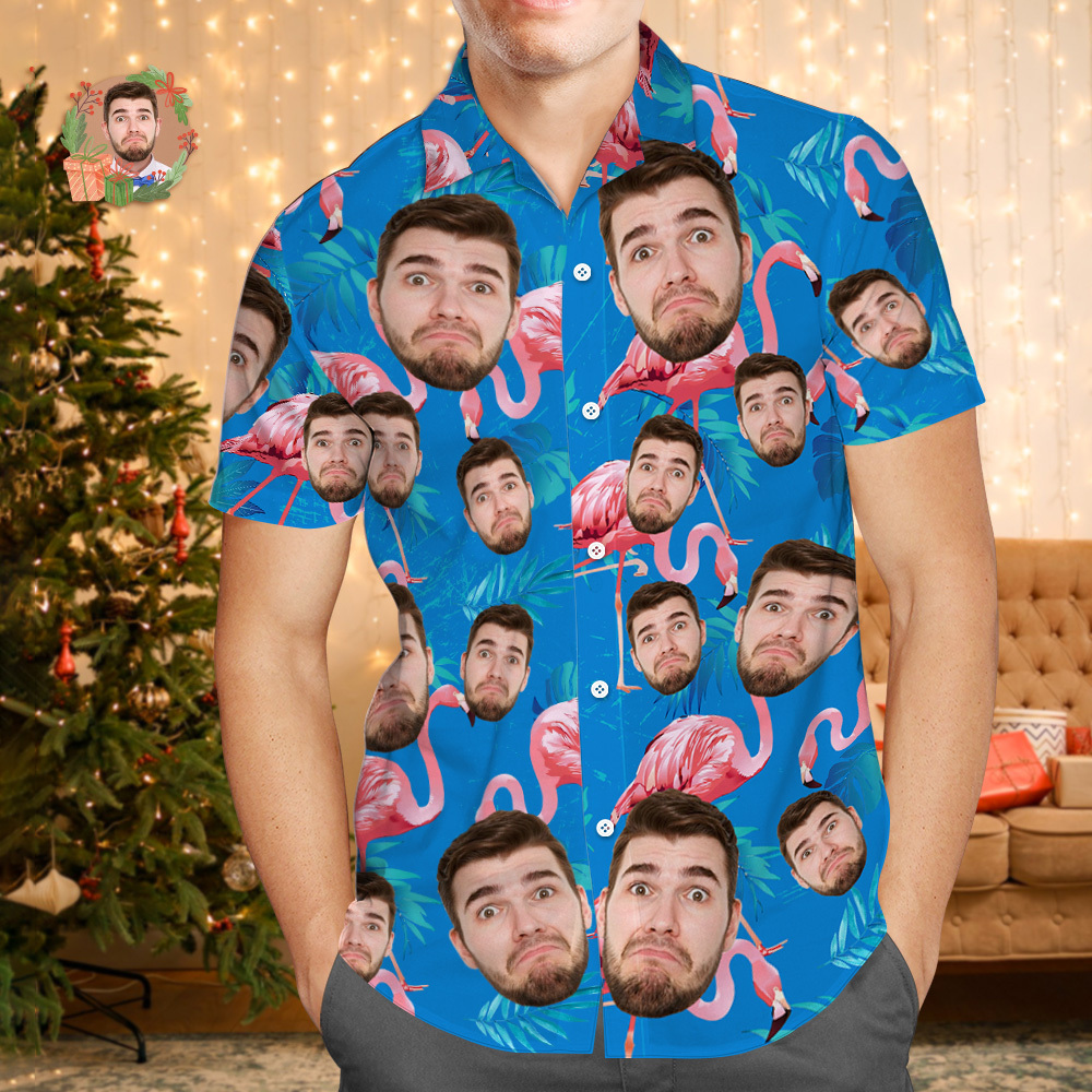 Chemise Hawaïenne Avec Visage Personnalisé, Fleurs Et Feuilles De Flamant Rose, Cadeaux De Noël Pour Vacances À La Plage - MaPhotochaussetteFr