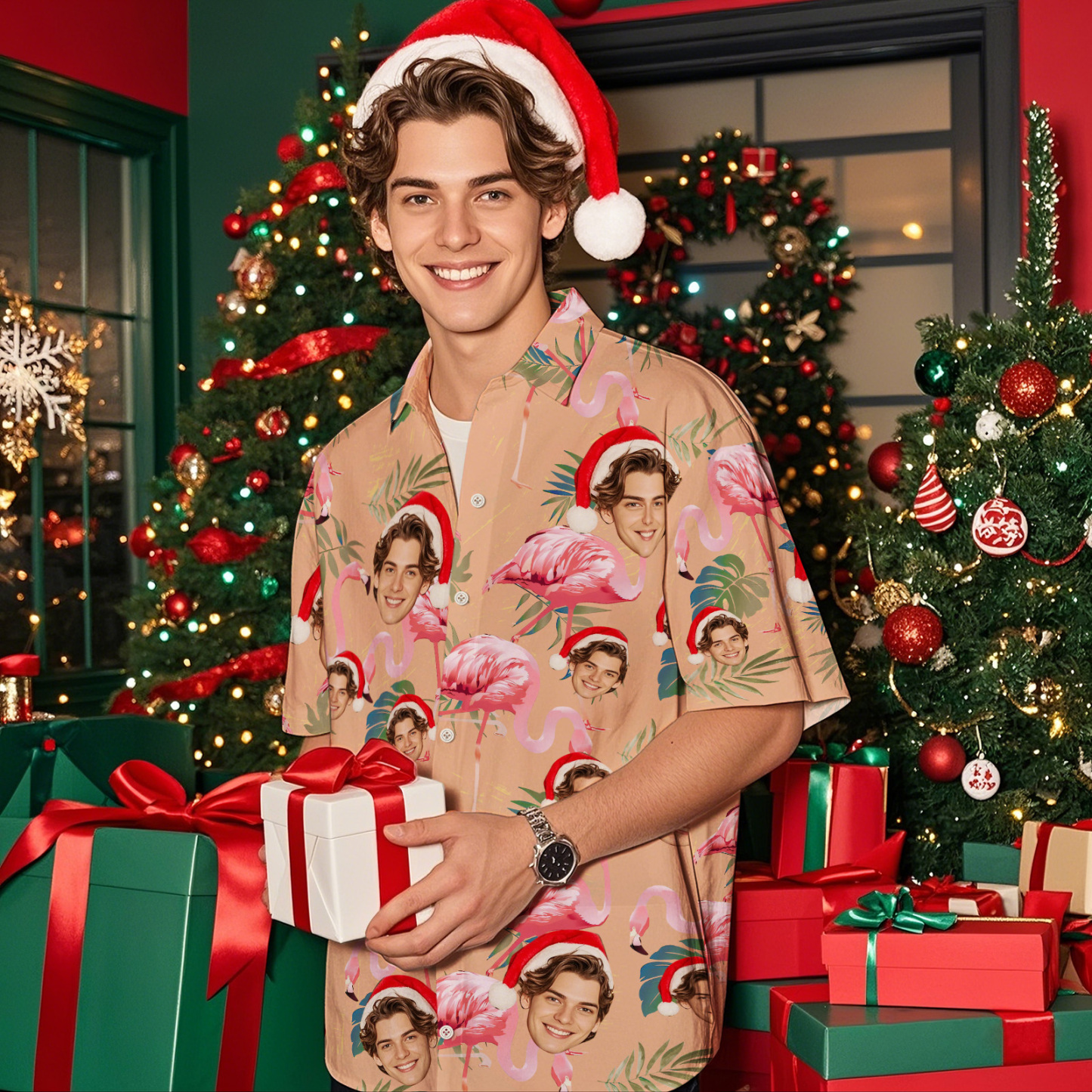 Chemise Hawaïenne Avec Visage Personnalisé, Fleurs Et Feuilles De Flamant Rose, Cadeaux De Noël Pour Vacances À La Plage - MaPhotochaussetteFr