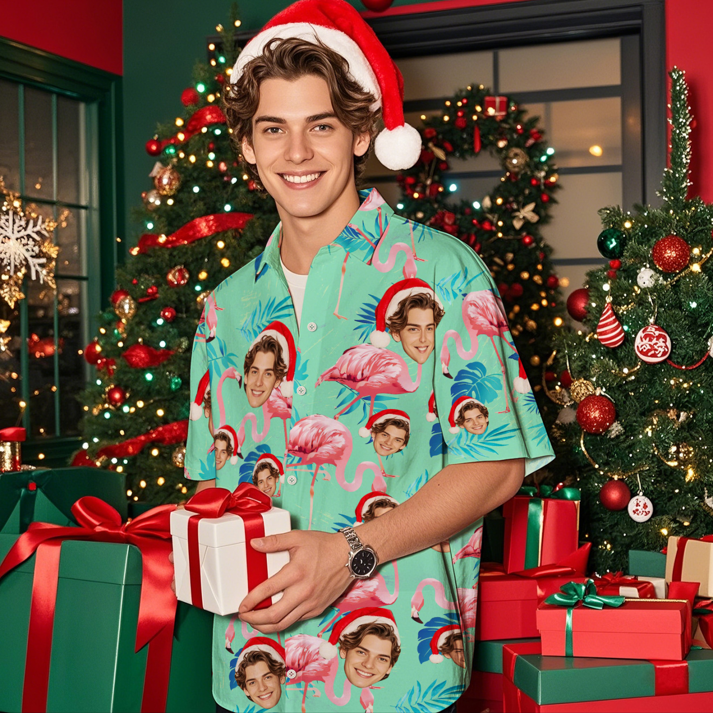 Chemise Hawaïenne Avec Visage Personnalisé, Fleurs Et Feuilles De Flamant Rose, Cadeaux De Noël Pour Vacances À La Plage - MaPhotochaussetteFr