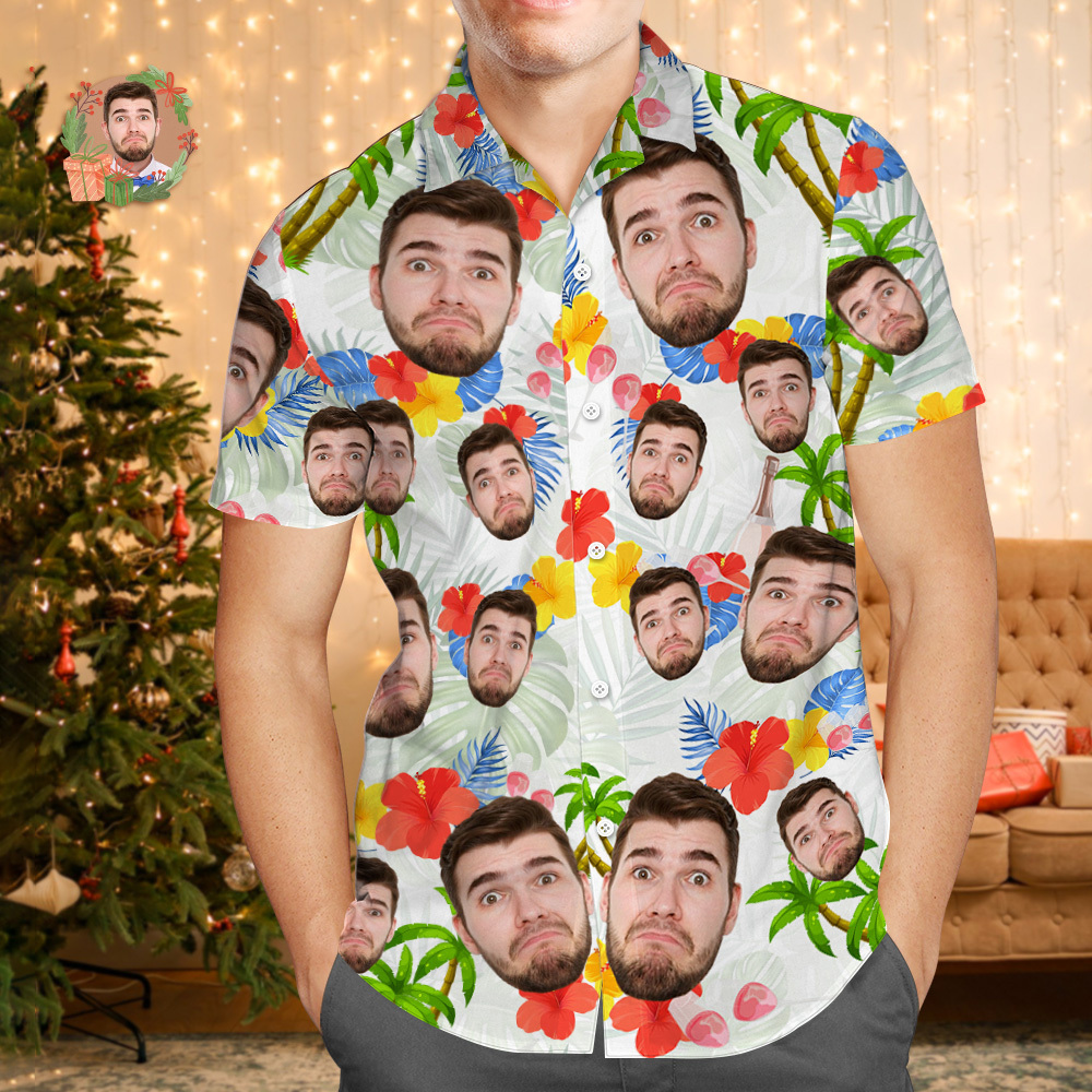 Chemise Hawaïenne Avec Visage Personnalisé, Fleurs Et Feuilles De Flamant Rose, Cadeaux De Noël Pour Vacances À La Plage - MaPhotochaussetteFr