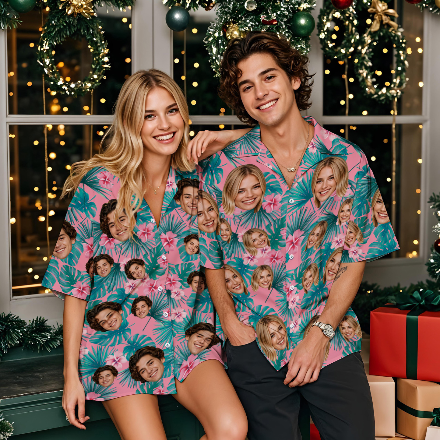Chemise Hawaïenne Avec Visage Personnalisé, Fleurs Et Feuilles De Flamant Rose, Cadeaux De Noël Pour Vacances À La Plage - MaPhotochaussetteFr