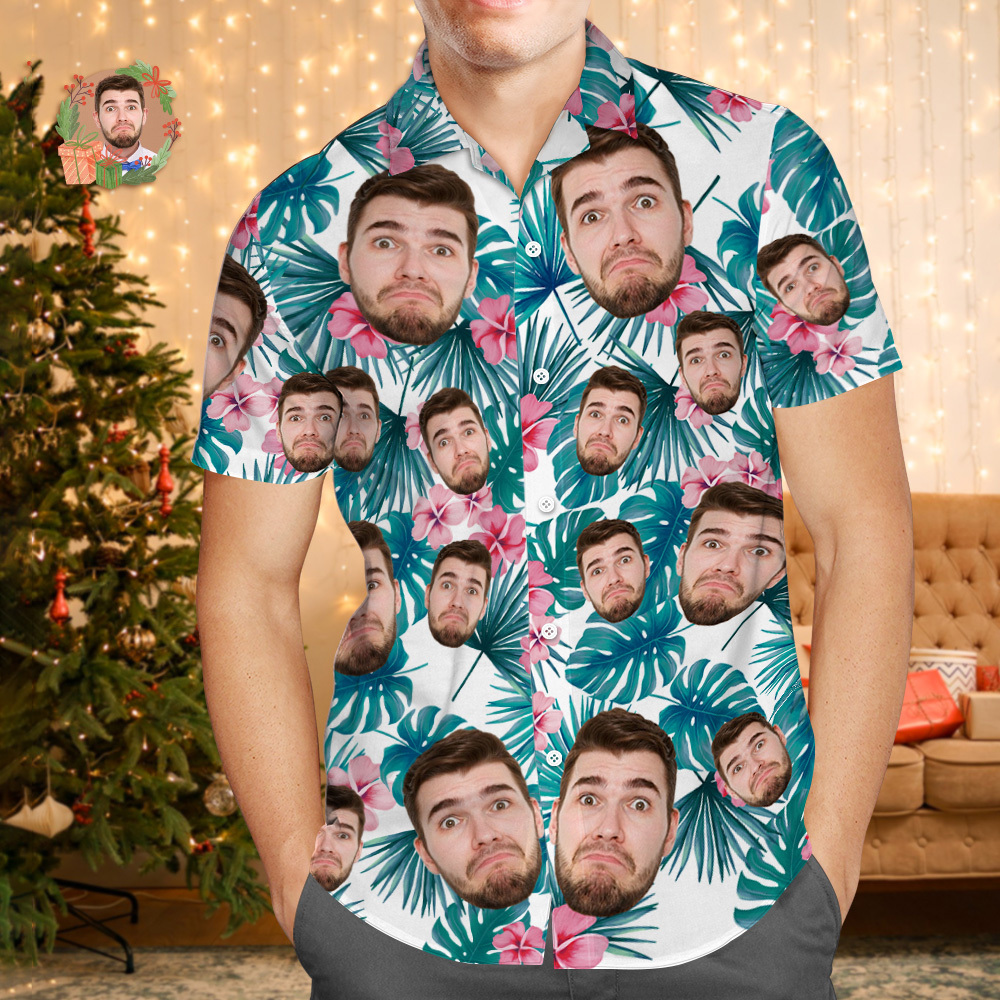 Chemise Hawaïenne Avec Visage Personnalisé, Fleurs Et Feuilles De Flamant Rose, Cadeaux De Noël Pour Vacances À La Plage - MaPhotochaussetteFr