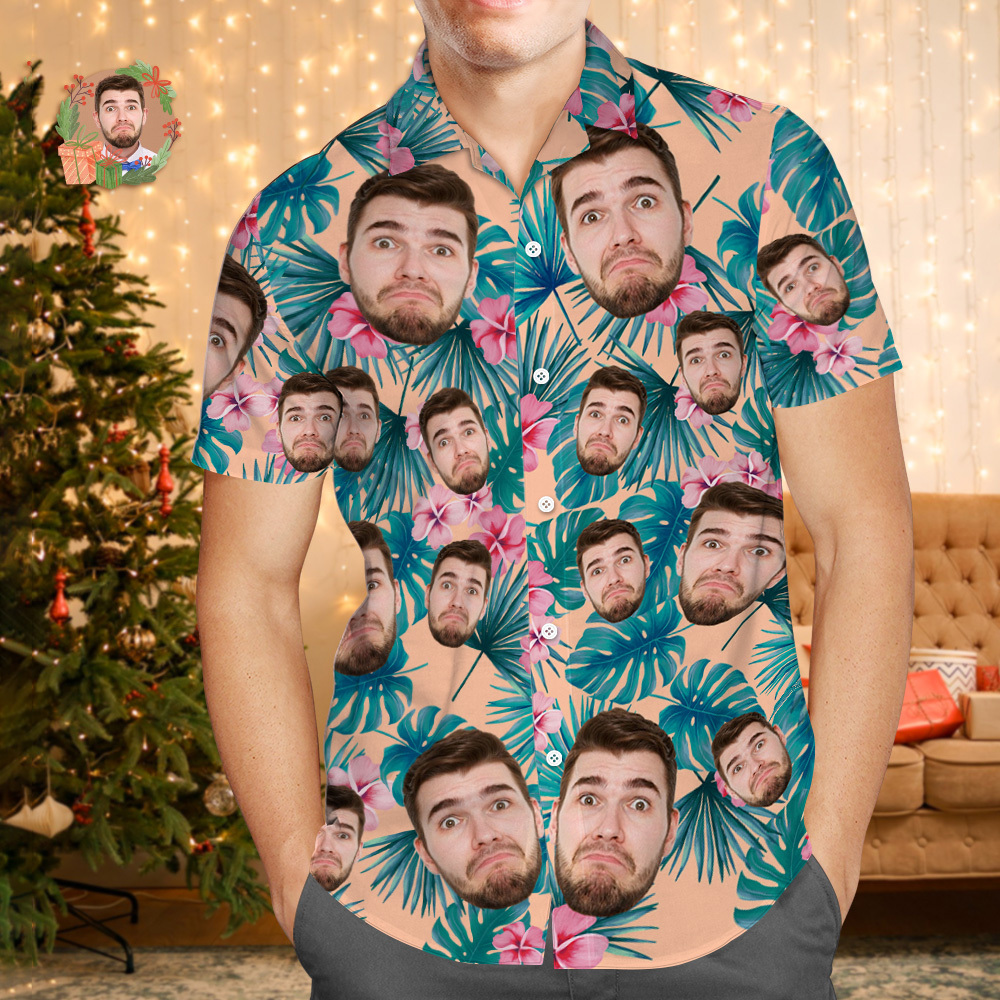 Chemise Hawaïenne Avec Visage Personnalisé, Fleurs Et Feuilles De Flamant Rose, Cadeaux De Noël Pour Vacances À La Plage - MaPhotochaussetteFr