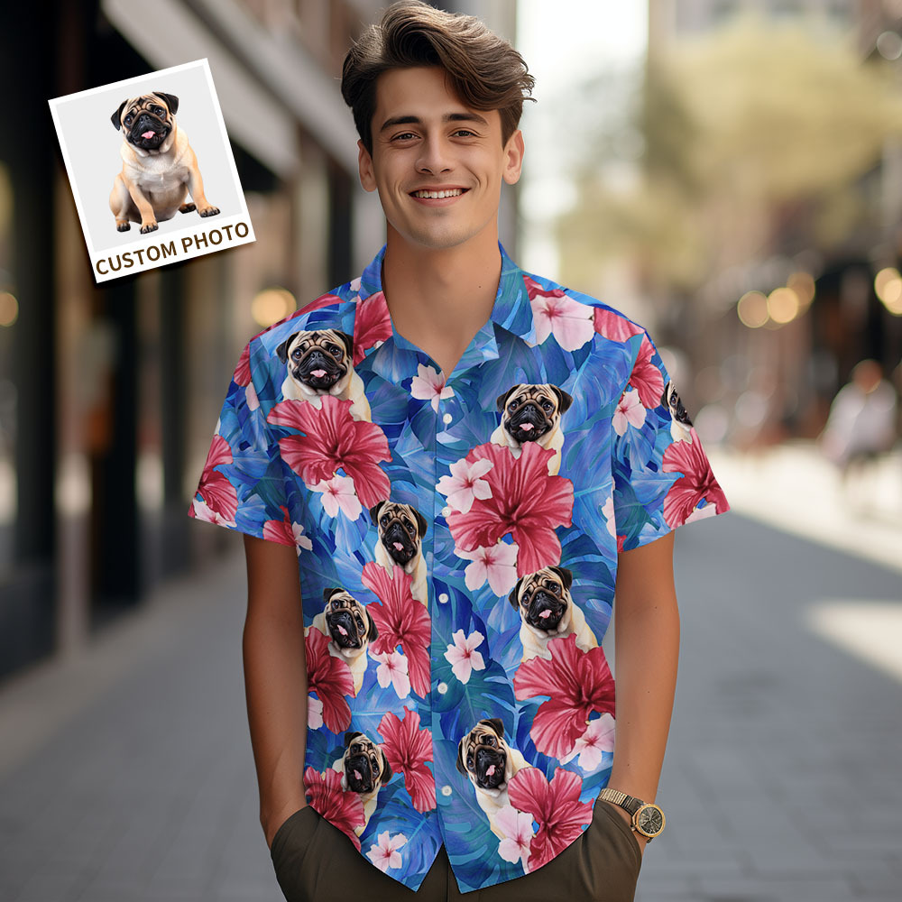 Chemises Hawaïennes Personnalisées Pour Hommes, Visage D'animal De Compagnie, Chemise Hawaïenne Flamant Rose, Cadeau Pour Amoureux Des Animaux De Compagnie - MaPhotochaussetteFr