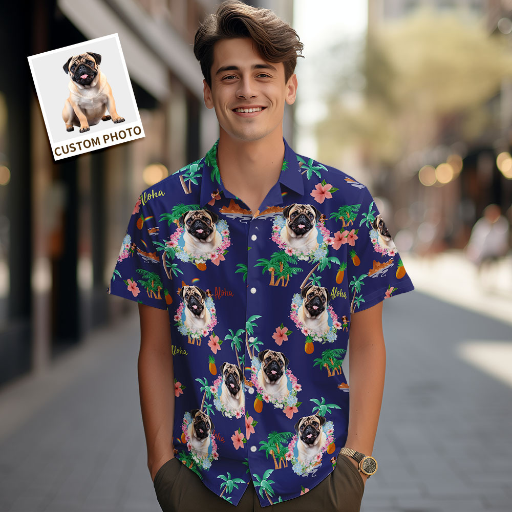 Chemises Hawaïennes Personnalisées Pour Hommes, Visage D'animal De Compagnie, Chemise Hawaïenne Flamant Rose, Cadeau Pour Amoureux Des Animaux De Compagnie - MaPhotochaussetteFr