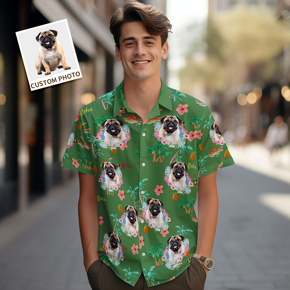 Chemises Hawaïennes Personnalisées Pour Hommes, Visage D'animal De Compagnie, Chemise Hawaïenne Flamant Rose, Cadeau Pour Amoureux Des Animaux De Compagnie - MaPhotochaussetteFr