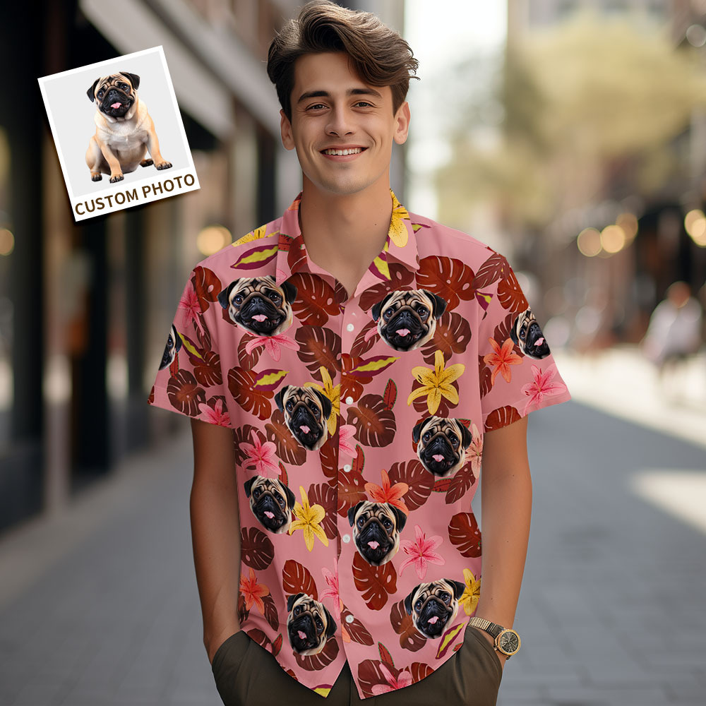 Chemises Hawaïennes Personnalisées Pour Hommes, Visage D'animal De Compagnie, Chemise Hawaïenne Flamant Rose, Cadeau Pour Amoureux Des Animaux De Compagnie - MaPhotochaussetteFr