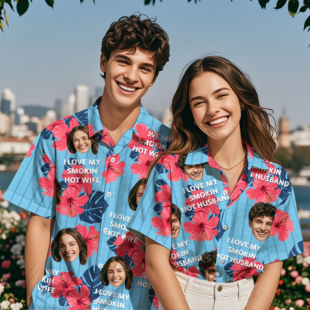 Visage Personnalisé Chemise Hawaïenne Photo De Famille Et Texte Chemise Hawaïenne Cadeau J'aime Ma Femme Chaude Smokin - MaPhotochaussetteFr