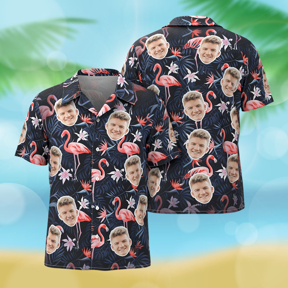 Chemise Hawaïenne Personnalisée Avec Photo De Flamant Rose Et Fleur, Chemise Hawaïenne Bleu Foncé, Chemises De Fête Amusantes Pour Les Vacances - MaPhotochaussetteFr