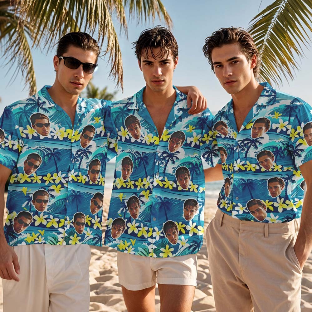 Chemise Hawaïenne Bleue À Fleurs Jaunes Personnalisée, Chemise Photo De Visage Personnalisée Pour Hommes, Cadeau Amusant Pour Les Vacances D'été - MaPhotochaussetteFr