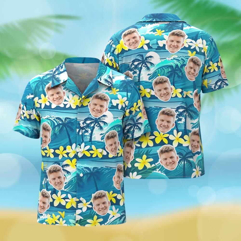 Chemise Hawaïenne Bleue À Fleurs Jaunes Personnalisée, Chemise Photo De Visage Personnalisée Pour Hommes, Cadeau Amusant Pour Les Vacances D'été - MaPhotochaussetteFr