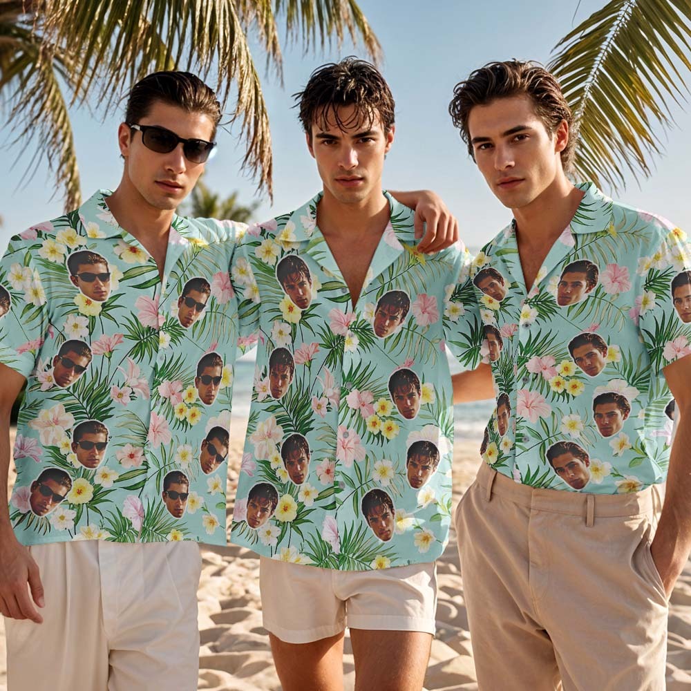 Chemise Hawaïenne Bleue À Fleurs Jaunes Personnalisée, Chemise Photo De Visage Personnalisée Pour Hommes, Cadeau Amusant Pour Les Vacances D'été - MaPhotochaussetteFr
