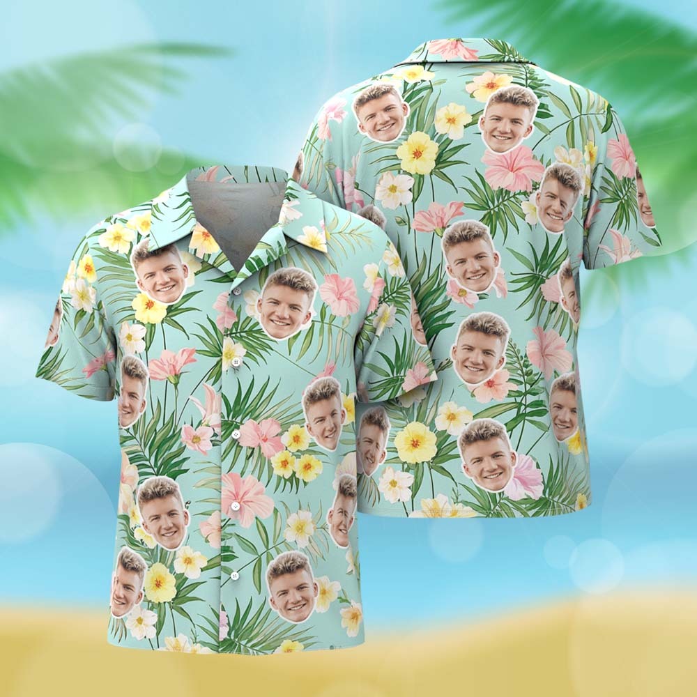 Chemise Hawaïenne Bleue À Fleurs Jaunes Personnalisée, Chemise Photo De Visage Personnalisée Pour Hommes, Cadeau Amusant Pour Les Vacances D'été - MaPhotochaussetteFr