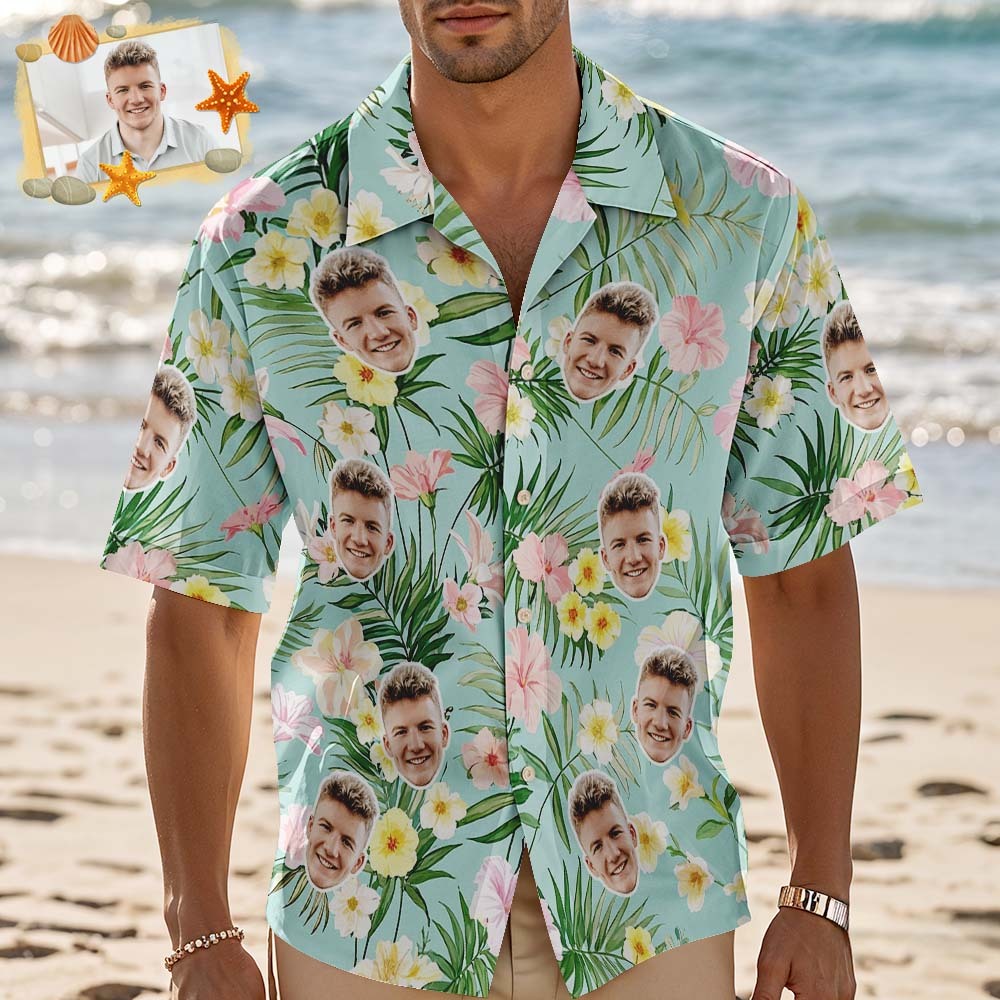 Chemise Hawaïenne Bleue À Fleurs Jaunes Personnalisée, Chemise Photo De Visage Personnalisée Pour Hommes, Cadeau Amusant Pour Les Vacances D'été - MaPhotochaussetteFr