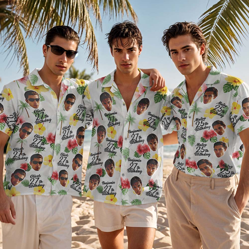 Chemise Hawaïenne D'anniversaire Personnalisée, Nom De Visage Personnalisé, Fête D'anniversaire D'été, Chemise Blanche Aloha, Chemise Hawaïenne D'anniversaire, Cadeau D'anniversaire
