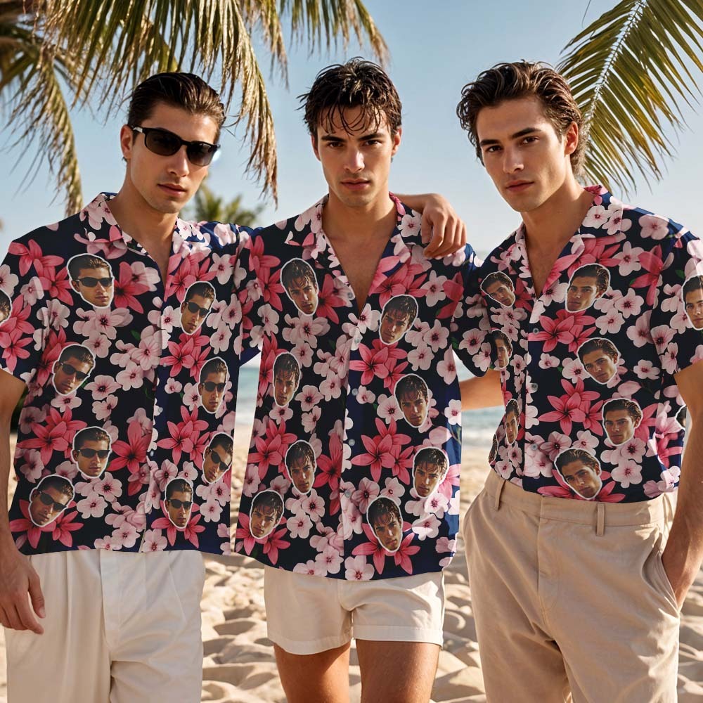 Chemise Hawaïenne Personnalisée Avec Fleurs Roses, Chemise Hawaïenne Photo Personnalisée, Chemises De Fête De Vacances Amusantes - MaPhotochaussetteFr