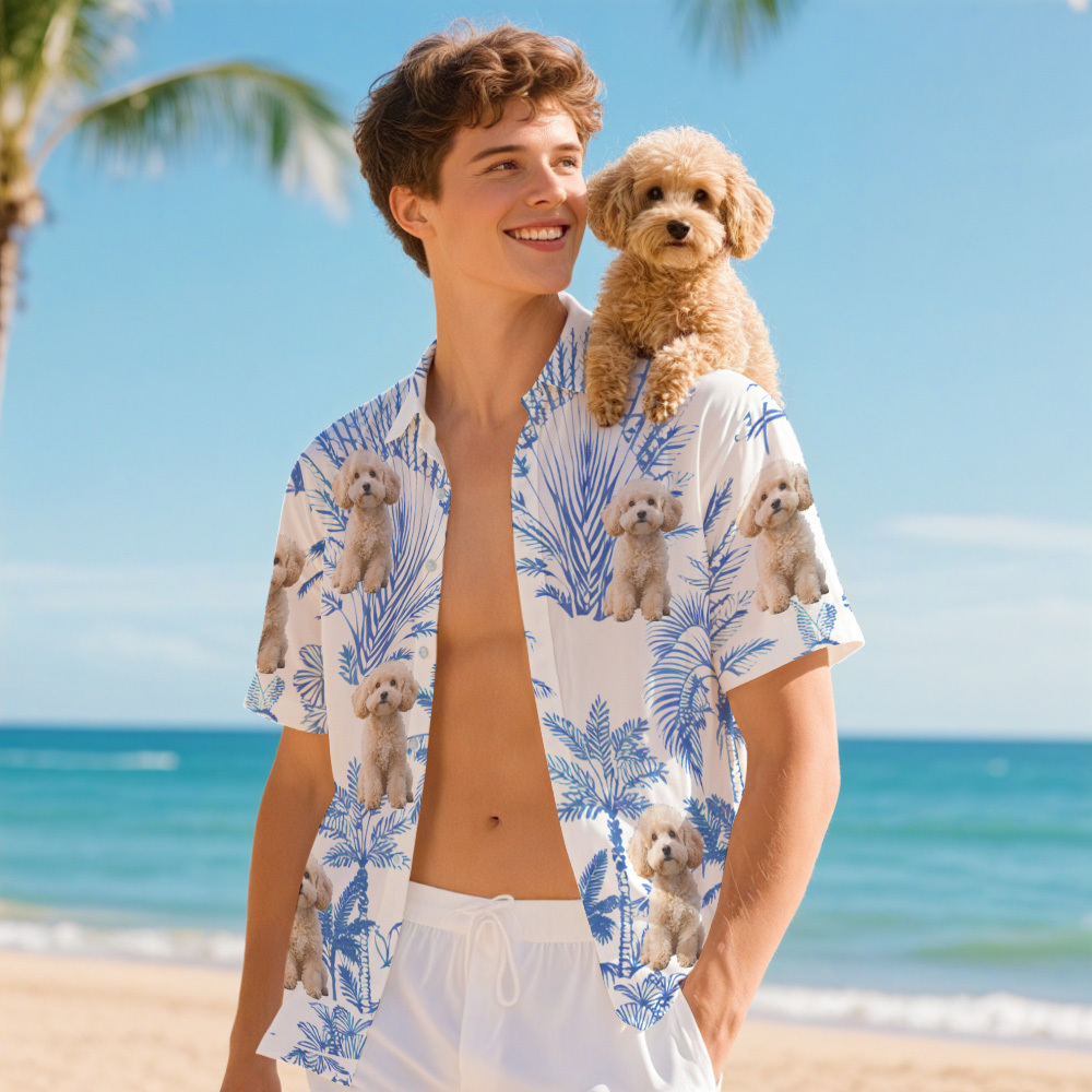 Chemise Hawaïenne Personnalisée Avec Feuilles D'hawaï Pour Amoureux Des Chiens, Style Hawaïen, Image De Chien Personnalisée - MaPhotochaussetteFr