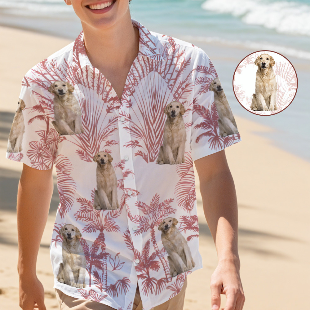 Chemise Hawaïenne Personnalisée Avec Feuilles D'hawaï Pour Amoureux Des Chiens, Style Hawaïen, Image De Chien Personnalisée - MaPhotochaussetteFr