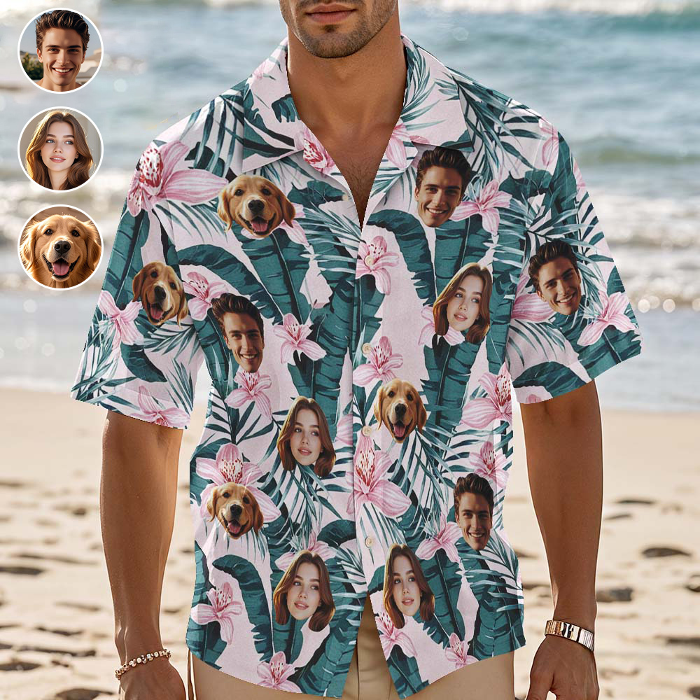 Chemise Hawaïenne Personnalisée Avec Fleurs Et Feuilles, Photo Personnalisée, Cadeau Amusant - MaPhotochaussetteFr