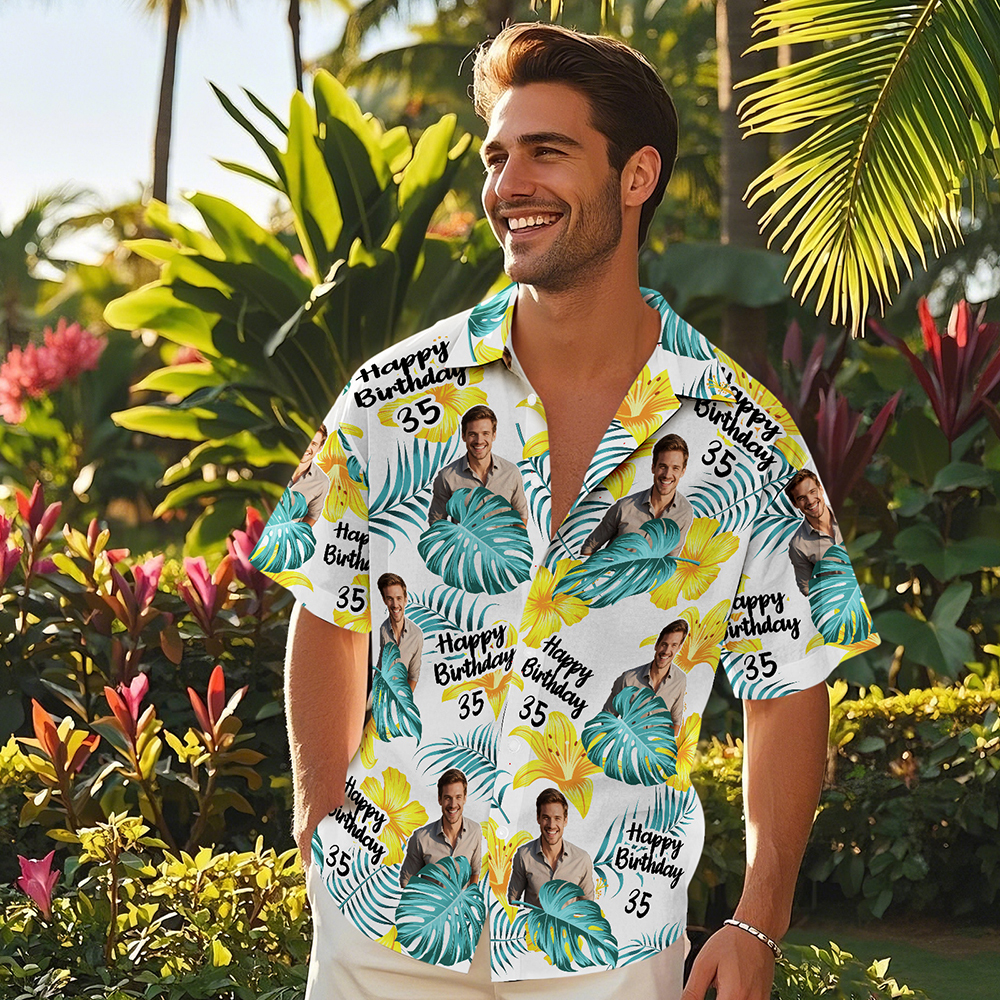 T-shirt Hawaïen D'anniversaire Personnalisé Avec Visage Drôle, Date Et Nom, Bière, Fleur Et Palmier, 5 Styles - MaPhotochaussetteFr