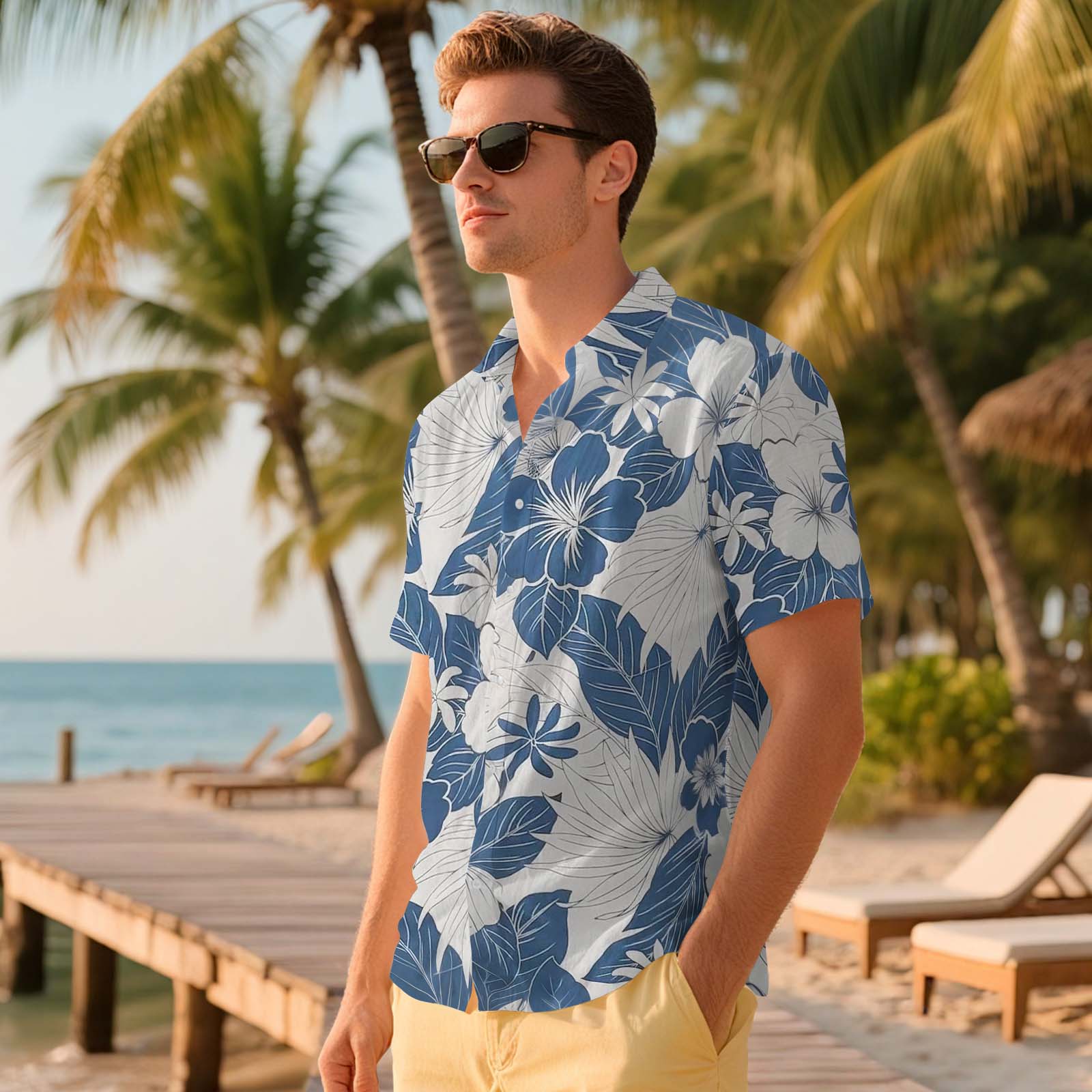 Chemise Hawaïenne Island Republic – Taille XL – Fleurs Jaune/beige/vert – NEUVE