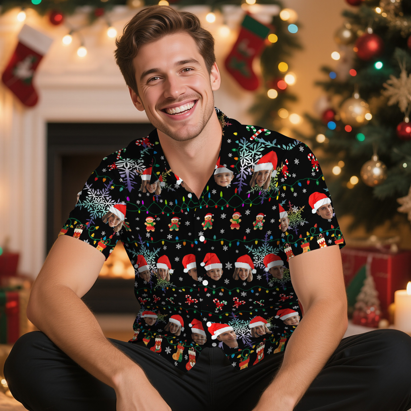 Chemise Hawaïenne Personnalisée Avec Photo Et Sapin De Noël Rouge - Cadeau De Noël - MaPhotochaussetteFr