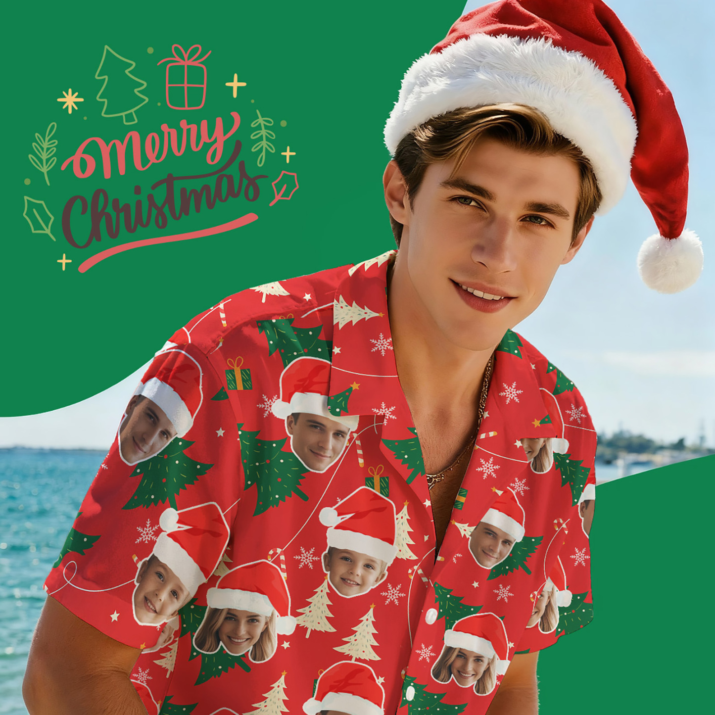 Chemise Hawaïenne Personnalisée Avec Photo Et Sapin De Noël Rouge - Cadeau De Noël - MaPhotochaussetteFr