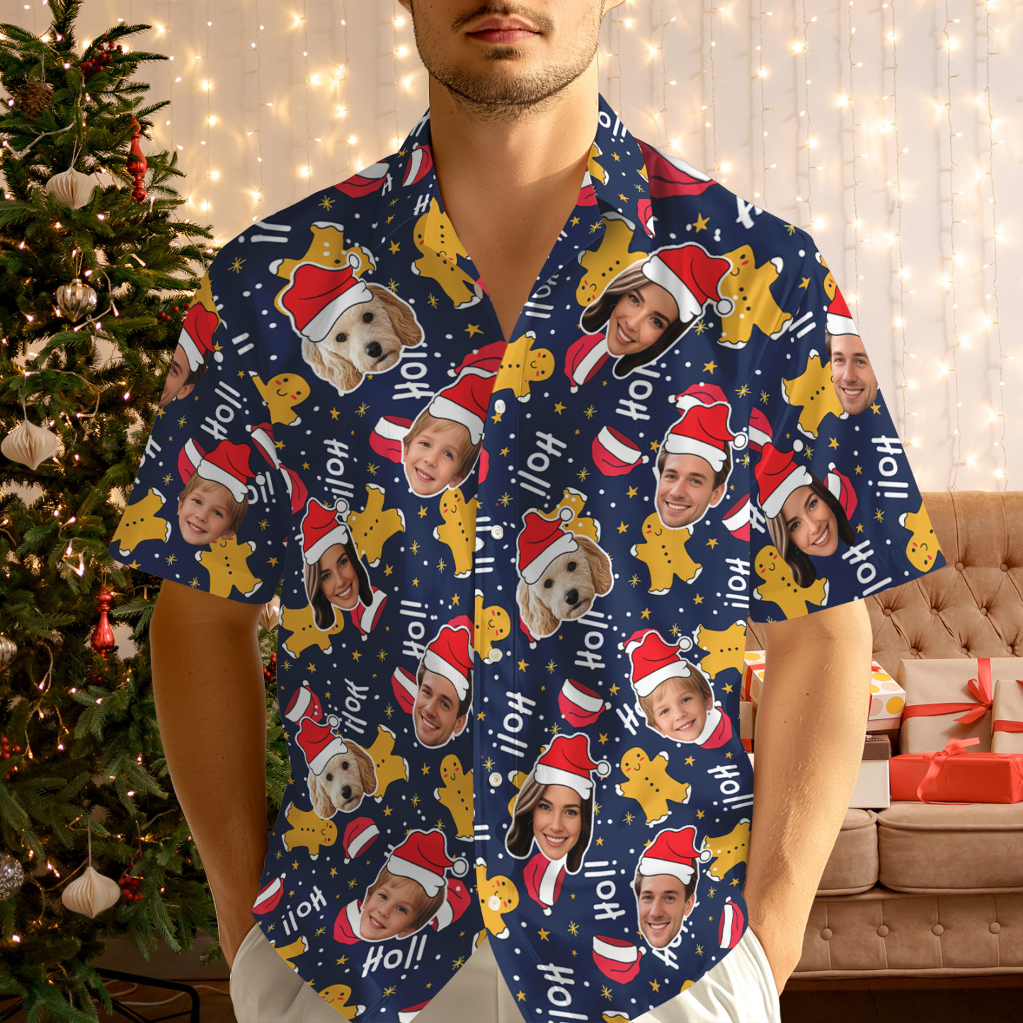 Chemise Hawaïenne Personnalisée Avec Photo Et Sapin De Noël Rouge - Cadeau De Noël - MaPhotochaussetteFr