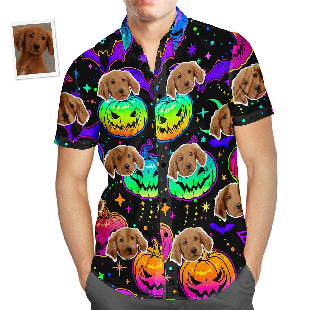 Personnalisé Visage Chemise Hawaïenne Vintage Halloween Citrouilles Hommes Populaire Partout Imprimé Citrouilles Et Chauves-souris Multicolores Lumineux Chemise De Plage Hawaïenne Cadeau De Vacances -