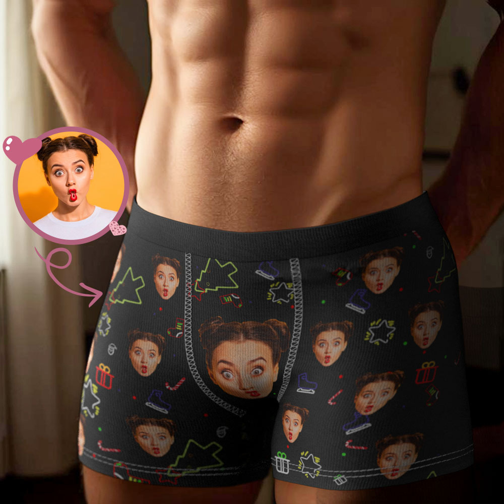 Boxer Facial Personnalisé Pour Hommes, Sous-vêtements Pour Le Visage, Motif Fluorescent De Noël, Cadeau - MaPhotochaussetteFr