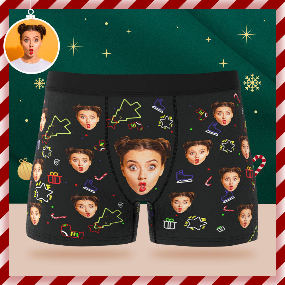 Boxer Facial Personnalisé Pour Hommes, Sous-vêtements Pour Le Visage, Motif Fluorescent De Noël, Cadeau - MaPhotochaussetteFr