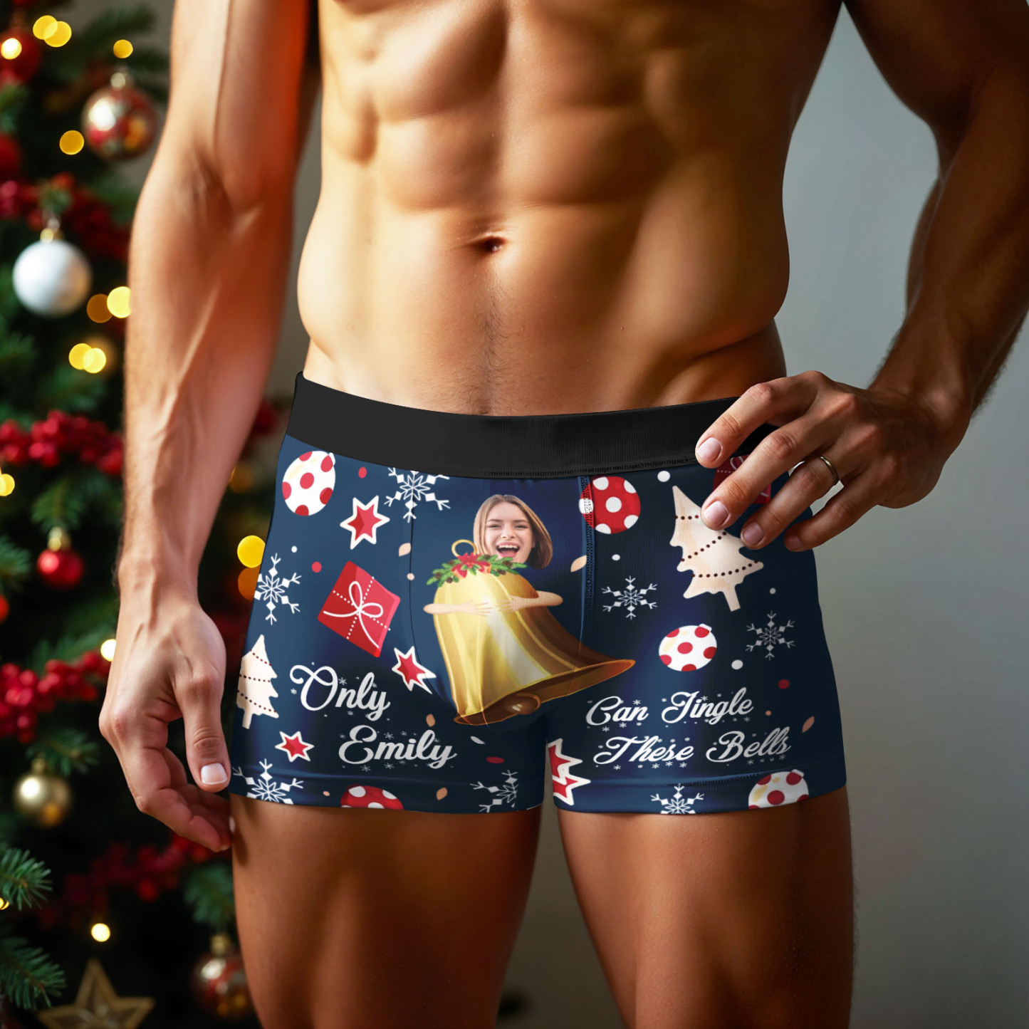 Boxer Personnalisé Pour Homme, Cadeau De Noël Exclusif À Emily. « tringle These Bells » Avec Photo Humoristique. - MaPhotochaussetteFr