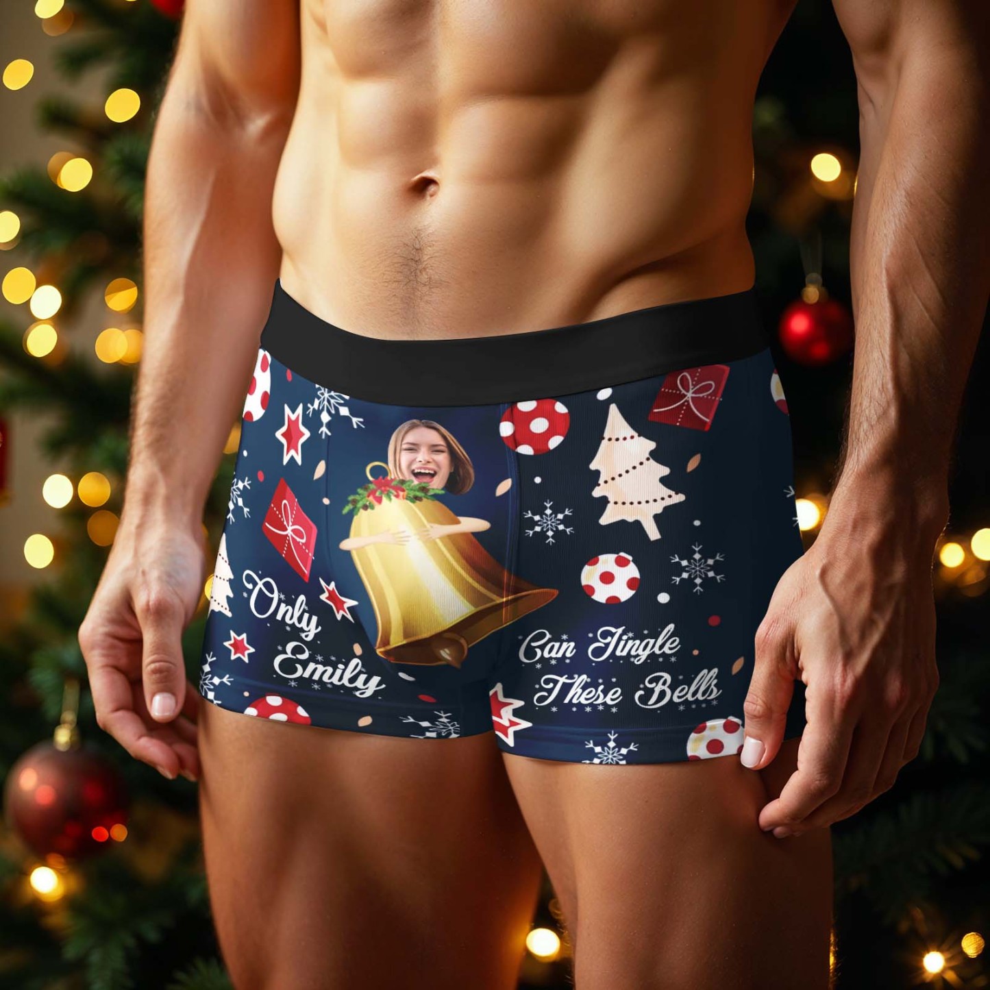 Boxer Personnalisé Pour Homme, Cadeau De Noël Exclusif À Emily. « tringle These Bells » Avec Photo Humoristique. - MaPhotochaussetteFr