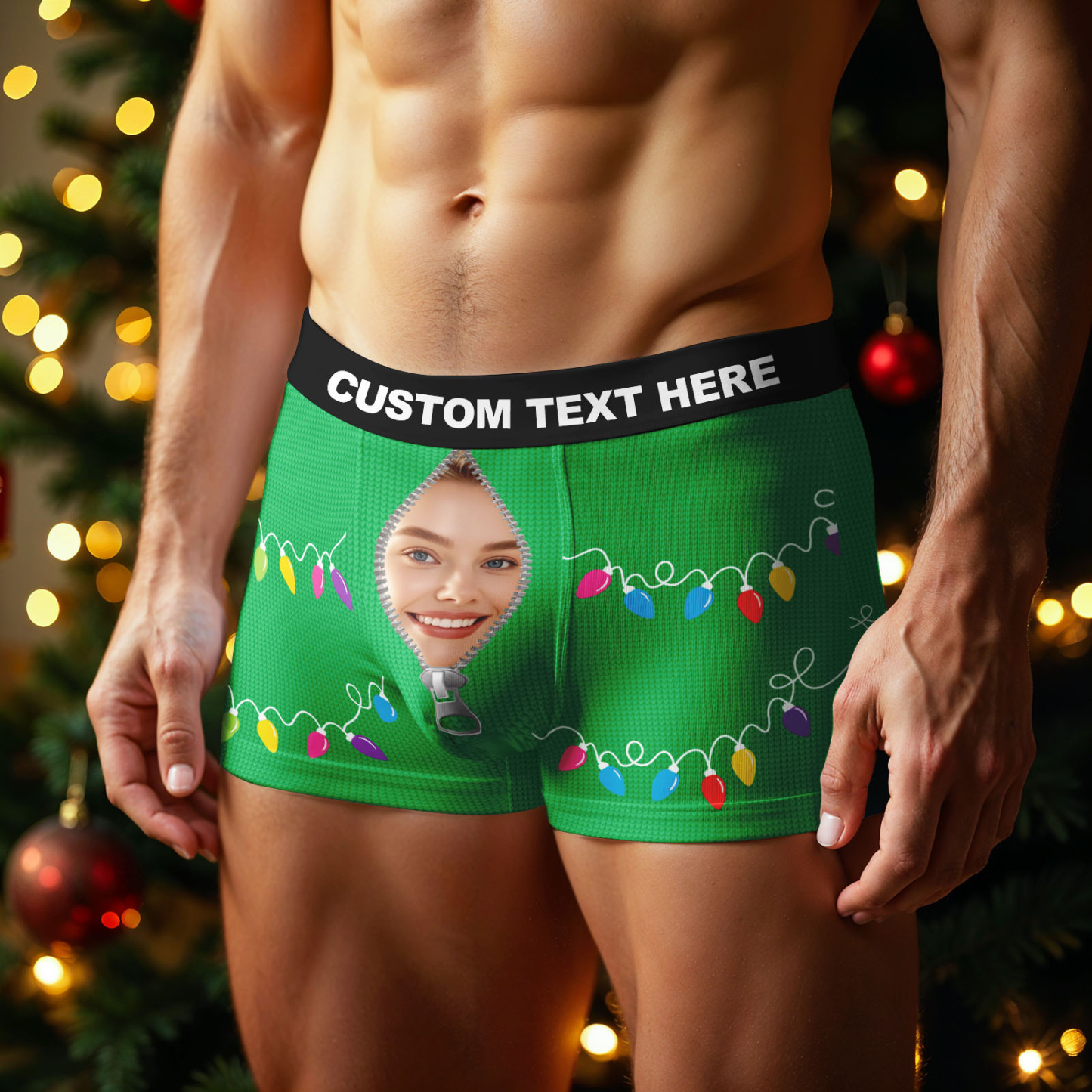 Boxers Personnalisés Pour Hommes, Cadeau De Noël Avec Photo Humoristique Et Motif Père Noël Et Guirlandes Lumineuses. - MaPhotochaussetteFr