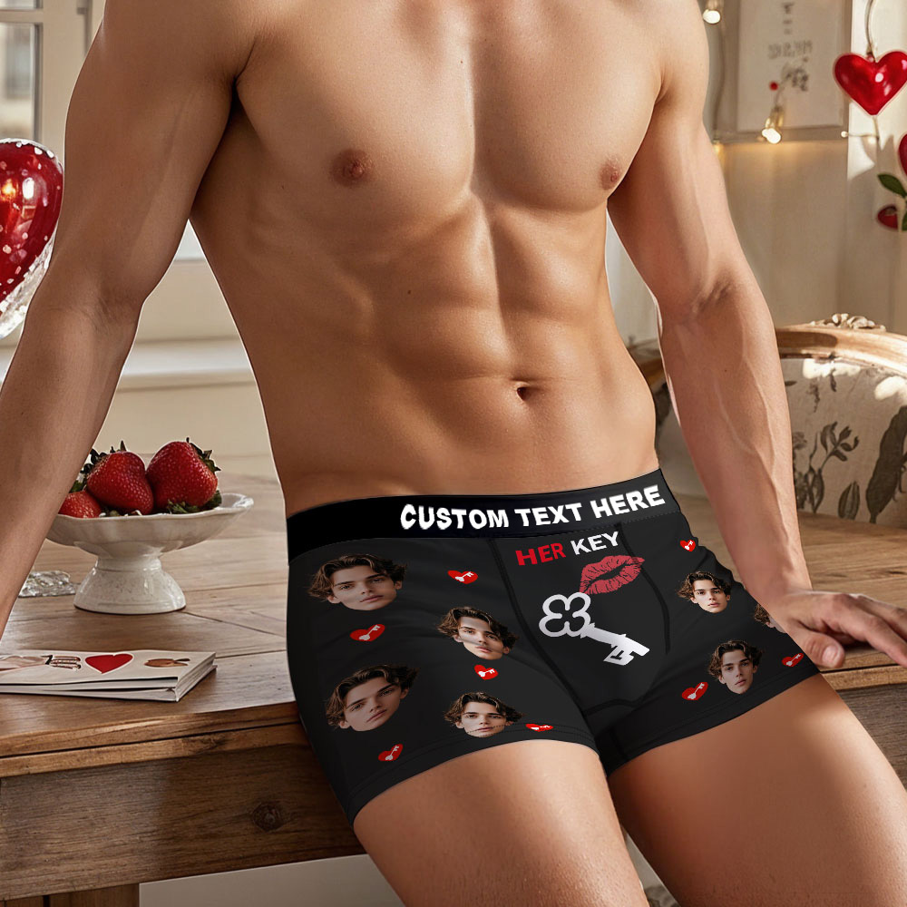 Boxers Personnalisés Pour Hommes Avec Photo Humoristique Et Motif « her Key » (lèvres Rouges Et Clé). - MaPhotochaussetteFr