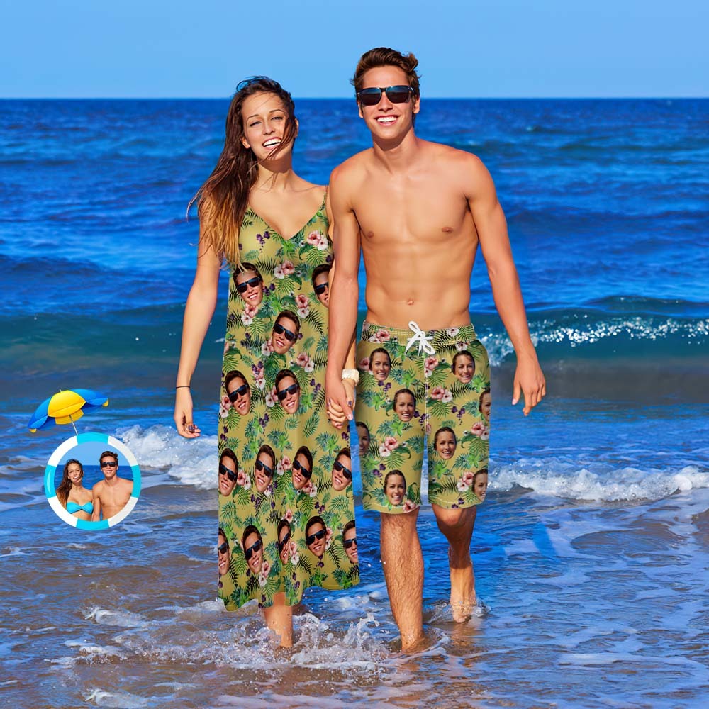 Custom Face Couple Matching Outfits Flowers Green Beach Wear Set -