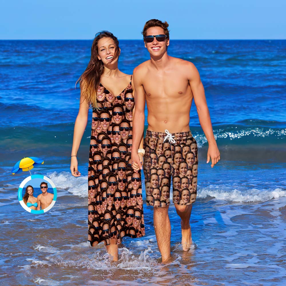 Tenues Assorties De Couple De Visage Personnalisé Face Mash Beach Wear Set -