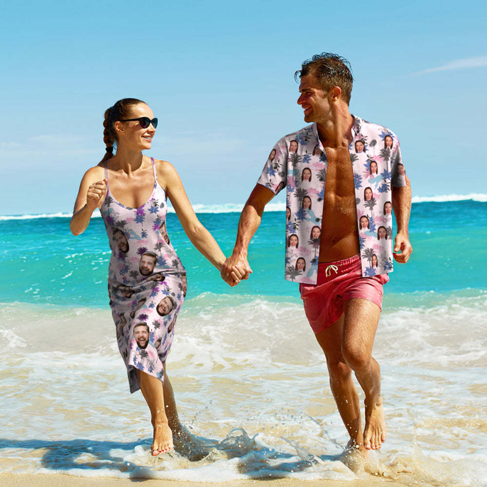 Visage Personnalisé Style Hawaïen Imprimé Partout Nuages ​​et Arbres Longue Robe Et Chemise Tenue De Couple -