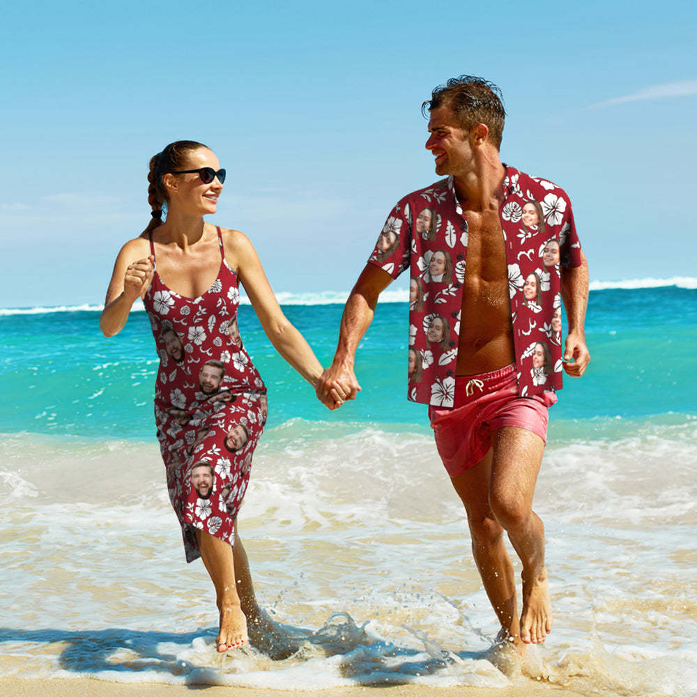 Robe Longue Rouge De Style Hawaïen De Visage Personnalisé Et Tenue De Couple De Chemise Conception De Fleurs Blanches -