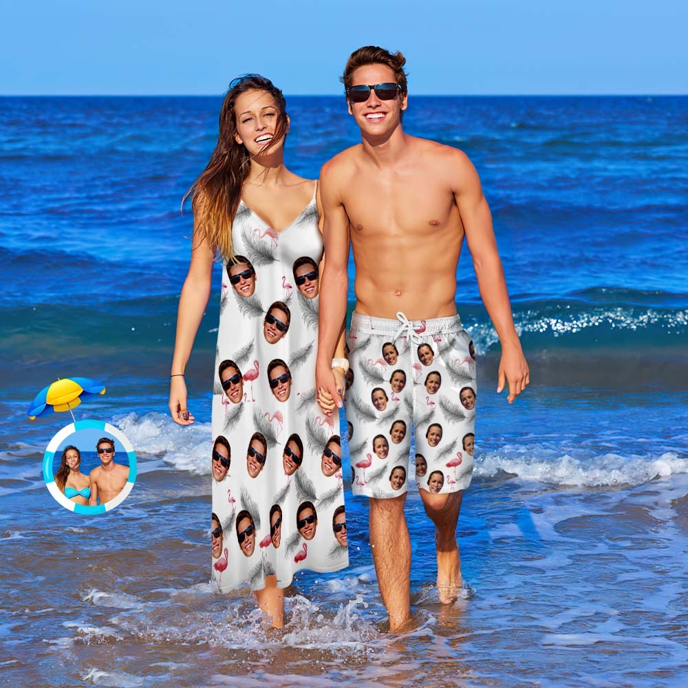 Custom Face Couple Matching Outfits Feather Beach Wear Set -