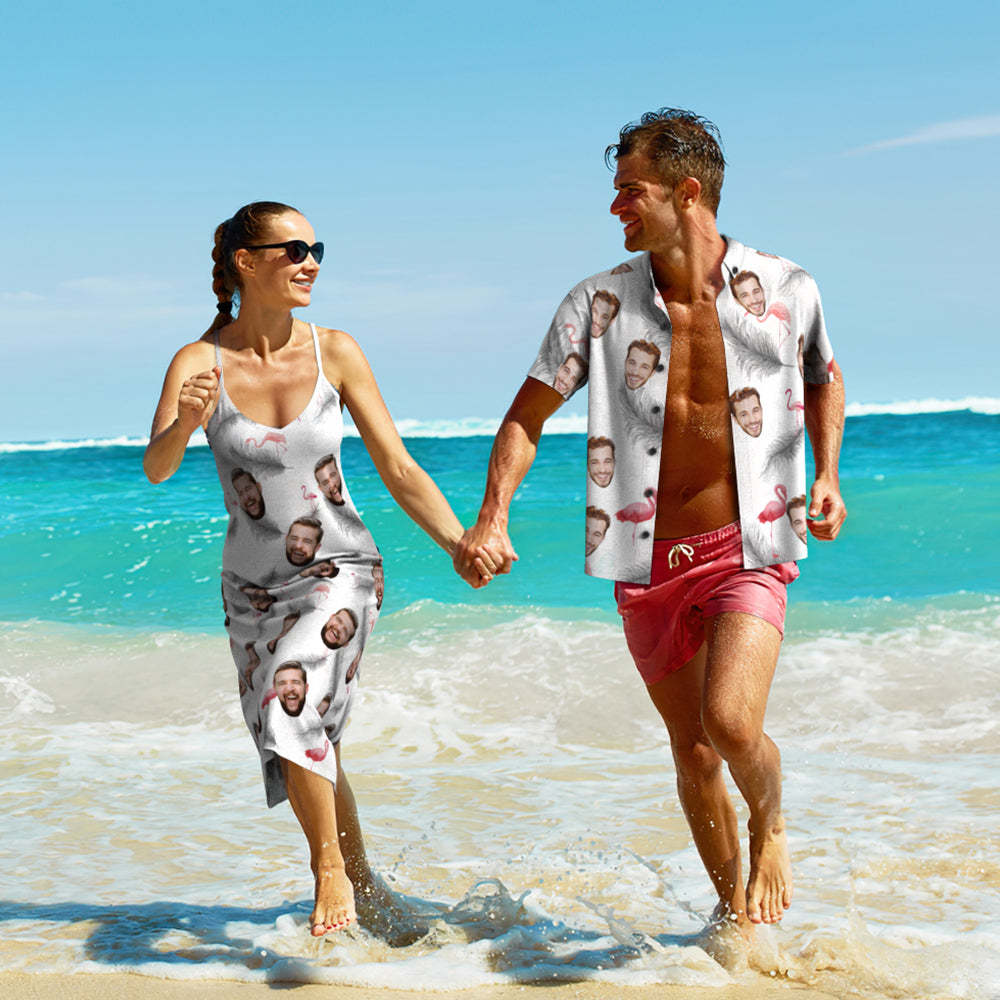Visage Personnalisé Style Hawaïen Plume Et Flamant Rose Longue Robe Et Chemise Couple Tenue -