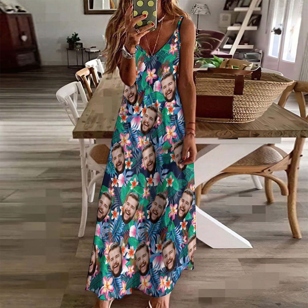 Robe Longue De Fleurs Colorées De Style Hawaïen De Visage Personnalisé Et Famille De Chemises Assorties -