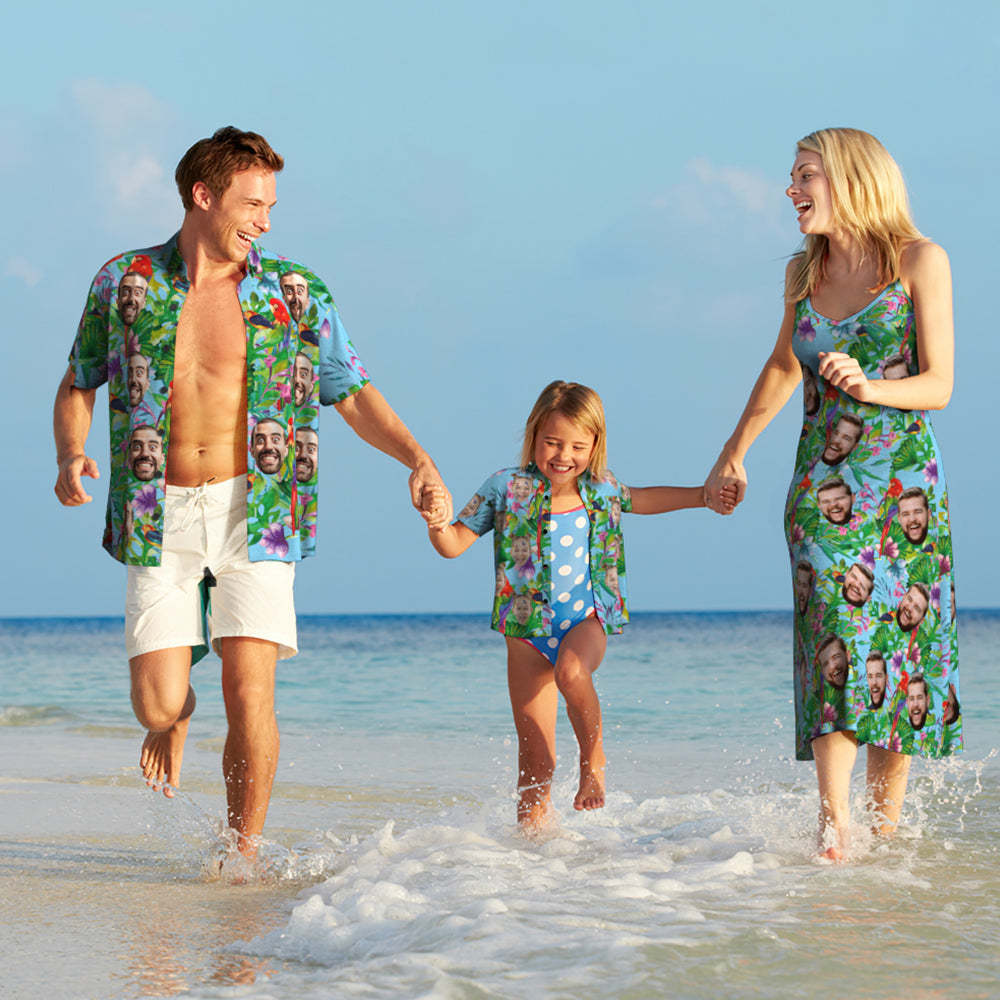 Robe Longue Perroquet Coloré De Style Hawaïen De Visage Personnalisé Et Famille Assortie De Chemise -