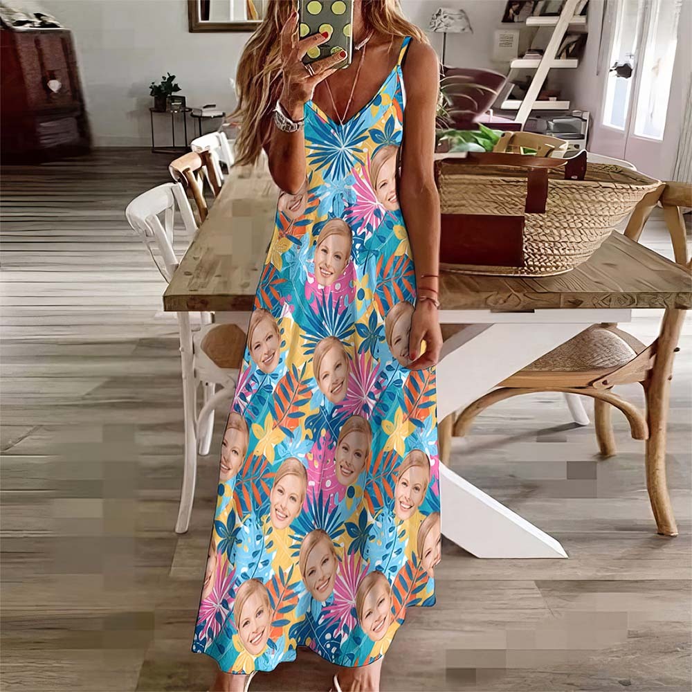 Robe Longue De Style Hawaïen De Visage Personnalisé Robe De Fronde De Fleurs Colorées -